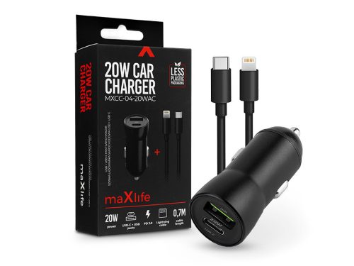 Maxlife szivargyújtós töltő adapter USB + Type-C bemenettel + Type-C - Lightningkábel - 20W - Maxlife MXCC-04-20WAC PD3.0 + QC3.0 Car Charger - fekete