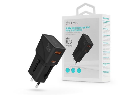 Devia többfunkciós globális hálózati töltő utazó adapter (CN/JP/US/EU/UK/AU) -  Devia Global Multi-Function 20W PD + QC Mini Charger - fekete