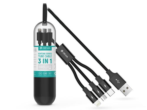 Devia USB-A - USB Type-C / Lightning / micro USB töltőkábel 1,2 m-es vezetékkel - Devia Kintone Series Tube Cable 3in1 - 10W - fekete