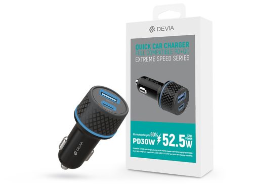 Devia szivargyújtó töltő adapter USB + Type-C bemenettel - 52,5W - Devia ExtremeSpeed Series Quick Car Charger PD 30W + QC 3.0 - fekete