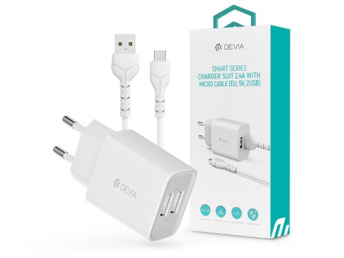 Devia Smart 2xUSB hálózati töltő adapter + USB - micro USB kábel 1 m-es         vezetékkel - 12W - Devia Smart Series Charger Suit With Micro Cable - fehér