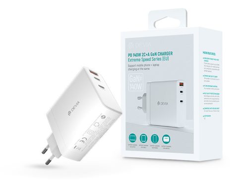 Devia GaN hálózati töltő adapter USB + 2xType-C bemenettel - 140W - Extreme     Speed Series PD 140W 2C+A GaN Charger - fehér