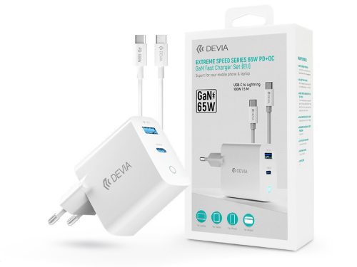 Devia GaN hálózati töltő adapter USB + Type-C bemenettel + Type-C - Type-C kábel- 65W - Devia Extreme Speed Series 65W PD + QC GaN Fast Charger Set - fehér