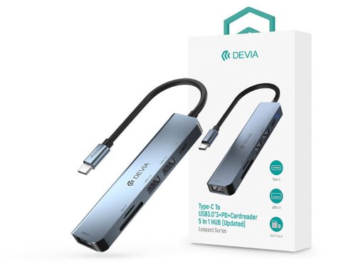 Devia USB Type-C - 3xUSB 3.0 + PD + Kártyaolvasó elosztó/adapter - Devia Leopard5in1 Hub (Updated) -  szürke