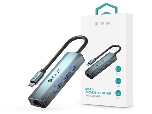 Devia USB Type-C - USB 3.1 + RJ45 + 3xUSB 3.0 elosztó/adapter - Devia Leopard   Series 5 V3 HUB - szürke