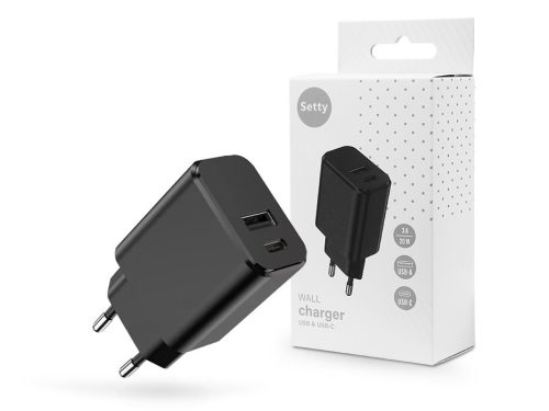 Setty hálózati töltő adapter Type-C + USB bemenettel - 20W - Setty USB/USB-C    Wall Charger PD3.0  - fekete