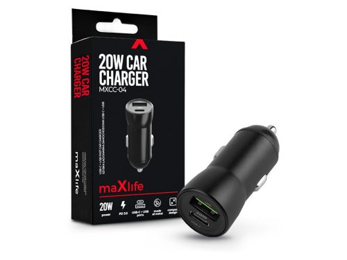 Maxlife szivargyújtós töltő adapter USB + Type-C bemenettel - 20W - Maxlife     MXCC-04 PD3.0 + QC3.0 Car Charger - fekete