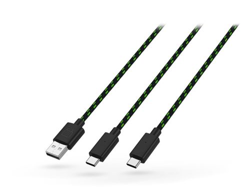 Venom USB-A - 2x USB Type-C töltőkábel 3 m-es vezetékkel - fekete/zöld - ECO    csomagolás