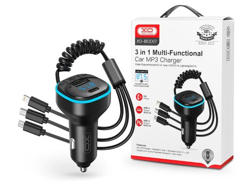 XO Bluetooth FM-transmitter / szivargyújtó töltő - USB + Type-C + MP3/FLAC/APE +Pendrive/TF-kártyaolvasó - XO BCC07 3in1 Car Charger - fekete