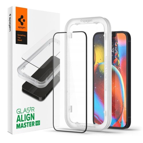 Apple iPhone 13 / 13 Pro / 14, Kijelzővédő fólia, ütésálló fólia (az íves részre is!), Tempered Glass (edzett üveg), Full Cover, Spigen Glastr Alignmaster HD, fekete