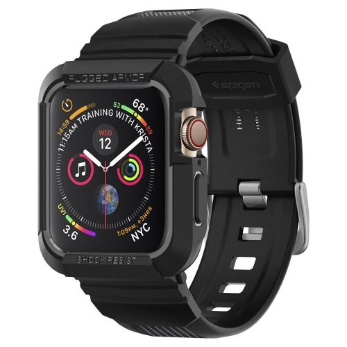 Apple Watch 4-7, SE (44mm / 45mm), Szilikon védőkeret, ütésálló, szíjjal, Spigen Rugged Armor Pro, fekete