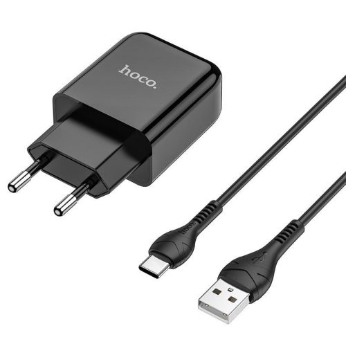 Hálózati töltő adapter, 10W, USB aljzat, USB Type-C kábellel, Hoco N2 Vigour, fekete