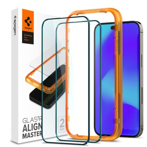 Apple iPhone 14 Pro, Kijelzővédő fólia, ütésálló fólia (az íves részre is!), Tempered Glass (edzett üveg), Full Cover, Spigen Glastr Alignmaster, fekete - 2 db /csomag