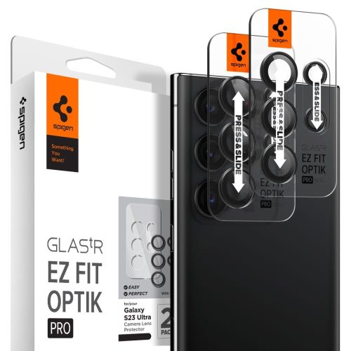 Samsung Galaxy S23 Ultra SM-S918, Kamera lencsevédő fólia, ütésálló fólia, Tempered Glass (edzett üveg), Spigen Glastr Ez Fit Optik Pro, fekete, 2 db / csomag