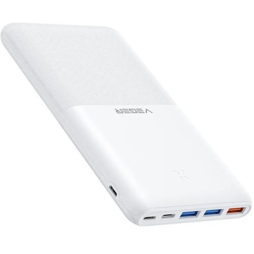 Külső akkumulátor, 20000 mAh, 20W, Okostelefonhoz és TabletPC-hez, 3 x USB aljzat, 1 x USB Type-C aljzat, LED-es, gyorstöltés, Veger S22 Ultra Slim, fehér