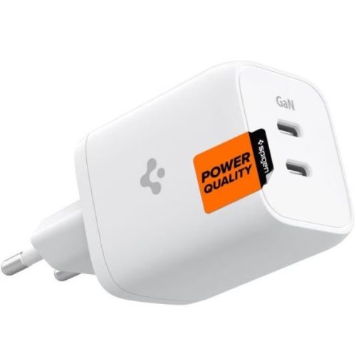 Hálózati töltő adapter, 65W, 2 x USB Type-C aljzat, gyorstöltés, PD, GaN, Spigen PowerArc PE2106, fehér