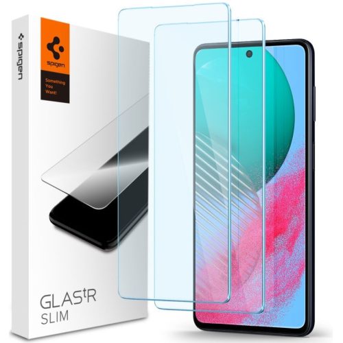 Samsung Galaxy M54 5G SM-M546B, Kijelzővédő fólia, (az íves részre NEM hajlik rá!), Tempered Glass (edzett üveg), Spigen Glastr Slim, Clear, 2 db / csomag