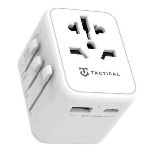 Hálózati töltő adapter + átalakító, USA / EU / AUS / UK, 12W, USB aljzat, USB Type-C aljzat, Tactical PTP Travel, fehér