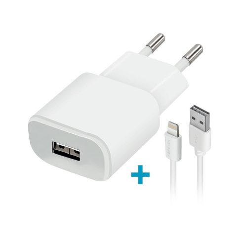 Hálózati töltő adapter, 5V / 1000 mAh, USB aljzat, Lightning kábellel, Forever, fehér, TC-01