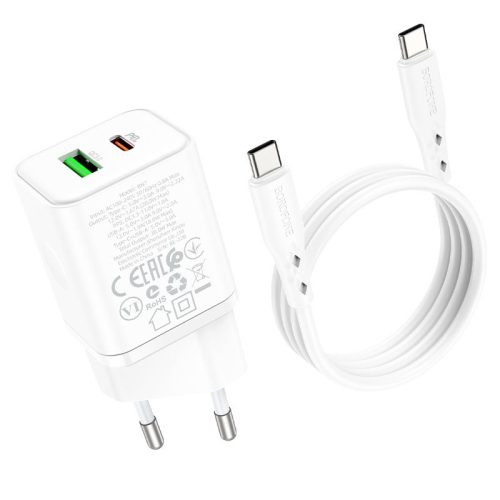 Hálózati töltő adapter, 20W, USB aljzat, USB Type-C aljzat, USB Type-C - USB Type-C kábellel, gyorstöltés, PD, QC 3.0, Borofone BN7, fehér