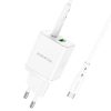 Hálózati töltő adapter, 20W, USB aljzat, USB Type-C aljzat, USB Type-C - USB Type-C kábellel, gyorstöltés, PD, QC 3.0, Borofone BN7, fehér