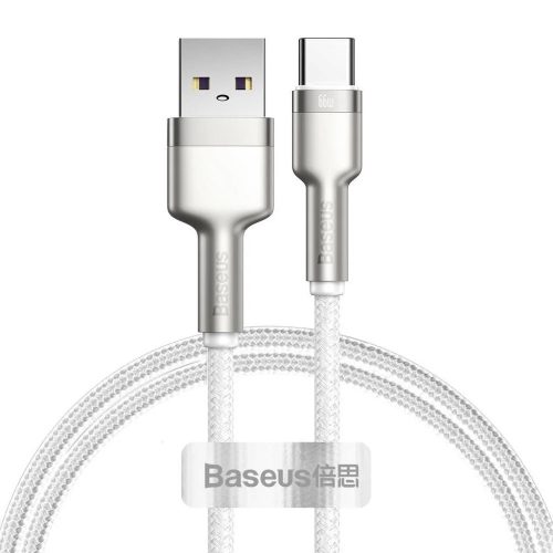 USB töltő- és adatkábel, USB Type-C, 100 cm, 6000 mA, 66W, törésgátlóval, gyorstöltés, cipőfűző minta, Baseus Cafule Metal, CAKF000102, fehér