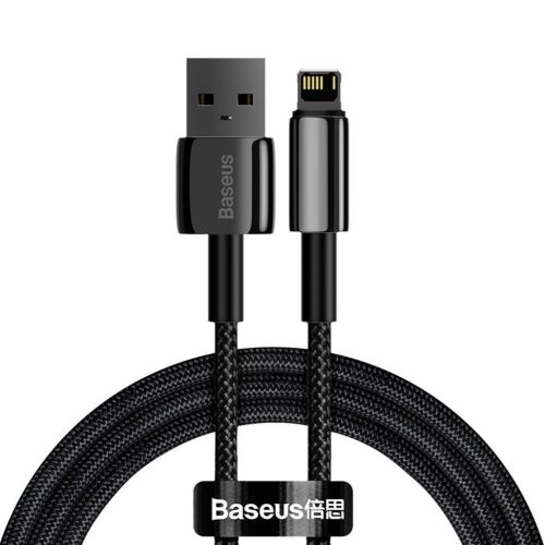 USB töltő- és adatkábel, Lightning, 100 cm, 2400 mA, törésgátlóval, gyorstöltés, Baseus Tungsten Gold, CALWJ-01, fekete