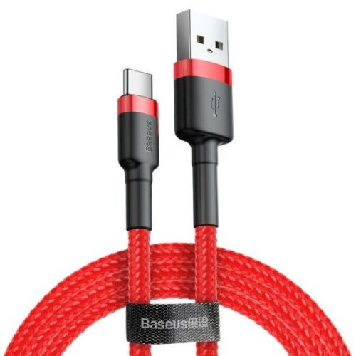 USB töltő- és adatkábel, USB Type-C, 300 cm, 2000 mA, törésgátlóval, gyorstöltés, cipőfűző minta, Baseus Cafule CATKLF-U09, piros