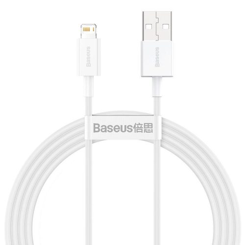 USB töltő- és adatkábel, Lightning, 150 cm, 2400 mA, törésgátlóval, gyorstöltés, PD, Baseus Superior, CALYS-B02, fehér