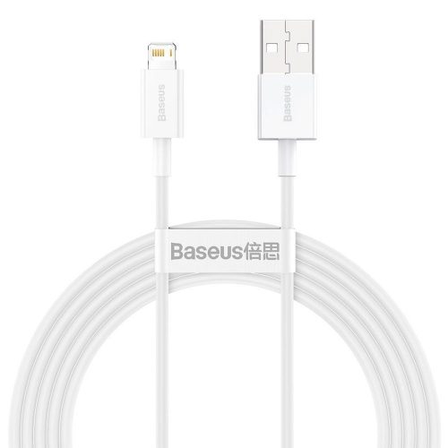 USB töltő- és adatkábel, Lightning, 200 cm, 2400 mA, törésgátlóval, gyorstöltés, PD, Baseus Superior, CALYS-C02, fehér