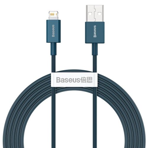 USB töltő- és adatkábel, Lightning, 200 cm, 2400 mA, törésgátlóval, gyorstöltés, PD, Baseus Superior, CALYS-C03, kék