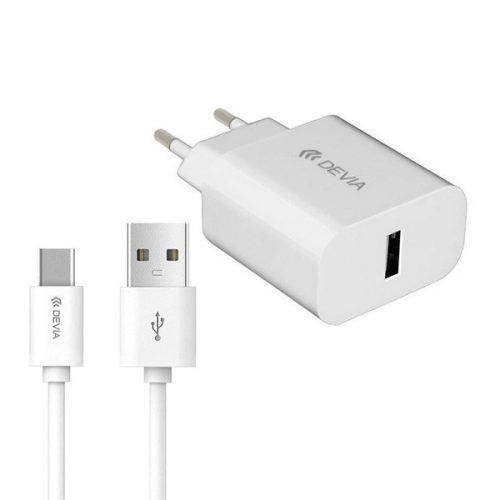 Hálózati töltő adapter, 10.5W, USB aljzat, USB Type-C kábellel, Devia, fehér