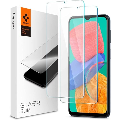 Samsung Galaxy M13 4G SM-M135F, Kijelzővédő fólia, (az íves részre NEM hajlik rá!), Tempered Glass (edzett üveg), Spigen Glastr Slim, Clear, 2 db / csomag