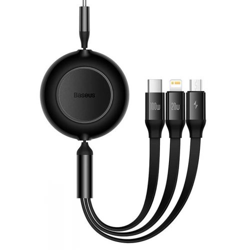 USB Type-C töltő- és adatkábel 3in1, USB Type-C, Lightning, microUSB, 110 cm, 100W, 3500 mA, gyorstöltés, lapos, feltekerhető, Baseus Bright Mirror 2, CAMJ010201, fekete