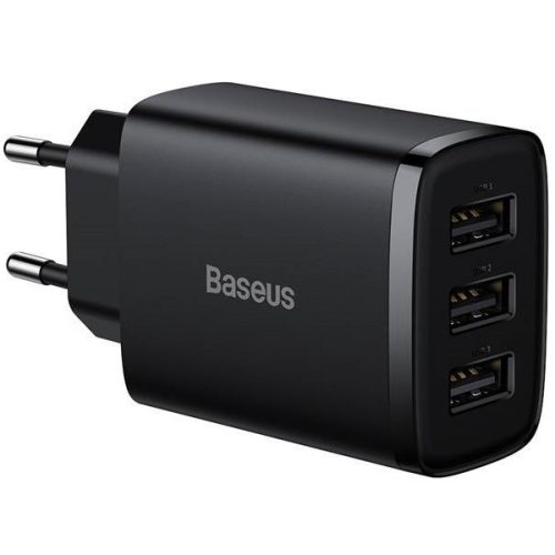 Hálózati töltő adapter, 17W, 3 x USB aljzat, gyorstöltés, Baseus Compact, fekete