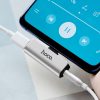 Audió és töltő adapter 2in1, elosztó, USB Type-C - USB Type-C töltő + 3.5 mm jack átalakító, 90 fokos/derékszögű csatlakozó, Hoco LS26, ezüst