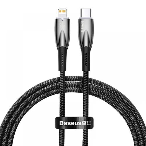 USB Type-C töltő- és adatkábel, Lightning, 100 cm, 2400mA, 20W, törésgátlóval, gyorstöltés, PD, Baseus Glimmer, CADH000001, fekete