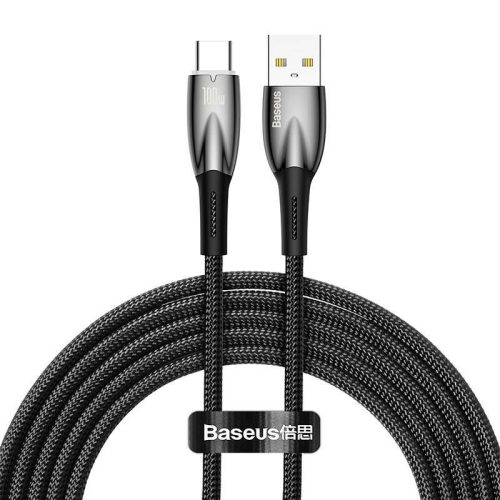 USB töltő- és adatkábel, USB Type-C, 200 cm, 6000 mA, 100W, törésgátlóval, gyorstöltés, Baseus Glimmer, CADH000501, fekete