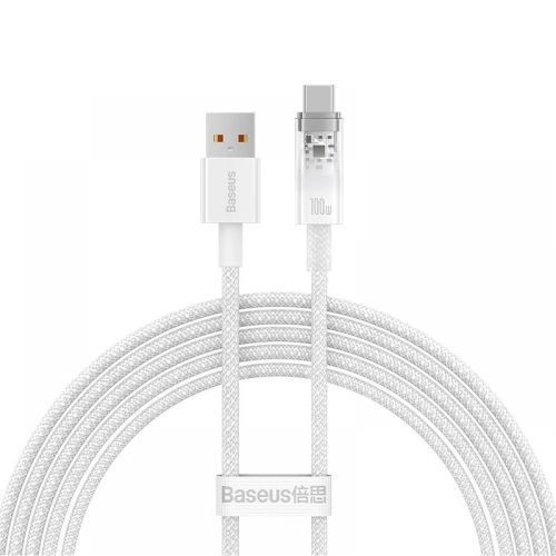 USB töltő- és adatkábel, USB Type-C, 200 cm, 6000 mA, 100W, gyorstöltés, cipőfűző minta, Baseus Explorer, CATS010502, fehér