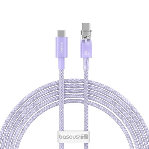 USB Type-C töltő- és adatkábel, USB Type-C, 100 cm, 6000 mA, 100W, gyorstöltés, PD, cipőfűző minta, Baseus Explorer, lila