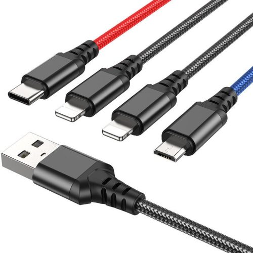 USB töltő- és adatkábel 4in1, 2 x USB Type-C, Lightning, microUSB, 100 cm, 2000 mA, cipőfűző minta, Hoco X76 Super, fekete/színes