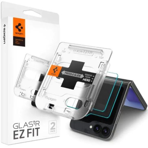 Samsung Galaxy Z Flip6 SM-F741B, Kijelzővédő fólia, ütésálló fólia az íves részre nem hajlik rá!), Tempered Glass (edzett üveg), Előlapi kijelzőre, Spigen Ez Fit, Clear, 2 db / csomag