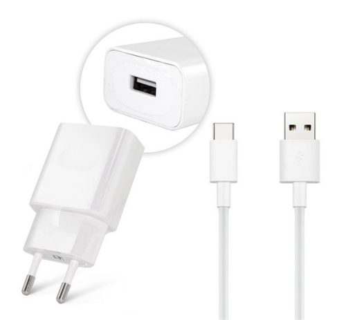 Hálózati töltő adapter, 5V / 2000 mAh, USB aljzat, USB Type-C kábellel, gyorstöltés, Huawei, fehér, gyári