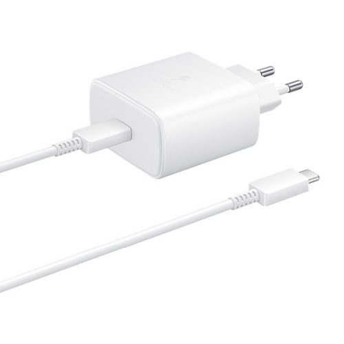 Hálózati töltő adapter, 45W, USB Type-C aljzat, USB Type-C kábellel, PD 3.0, QC 2.0, gyorstöltés, Samsung, fehér, gyári