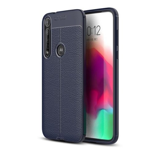 Motorola Moto G8 Plus, TPU szilikon tok, bőrhatású, varrásminta, sötétkék