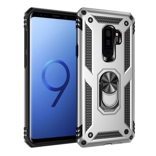 Samsung Galaxy S9 Plus SM-G965, Műanyag hátlap védőtok, közepesen ütésálló, szilikon belső, telefontartó gyűrű, Defender, ezüst