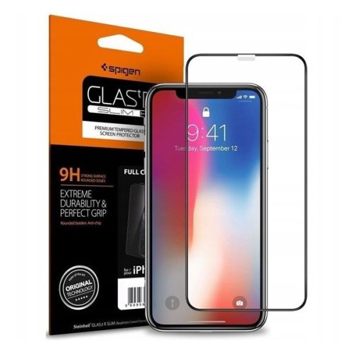 Apple iPhone XR / 11, Kijelzővédő fólia, ütésálló fólia (az íves részre is!), Tempered Glass (edzett üveg), 3D Full Cover, tok barát, Spigen Glastr Slim HD, fekete