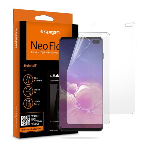 Samsung Galaxy S10 Plus SM-G975, Kijelzővédő fólia (az íves részre is!), Spigen Neo Flex HD, Clear Prémium, 2 db / csomag