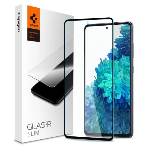 Samsung Galaxy S20 FE / S20 FE 5G SM-G780 / G781, Kijelzővédő fólia, ütésálló fólia (az íves részre is!), Tempered Glass (edzett üveg), 3D Full Cover, Spigen Glastr Slim Full Cover, fekete