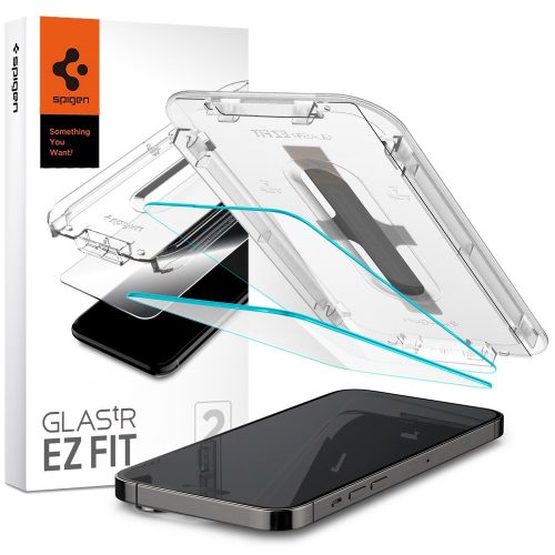 Apple iPhone 14 Pro, Kijelzővédő fólia, ütésálló fólia (az íves részre is!), Tempered Glass (edzett üveg), Spigen Ez Fit, Clear, 2 db / csomag